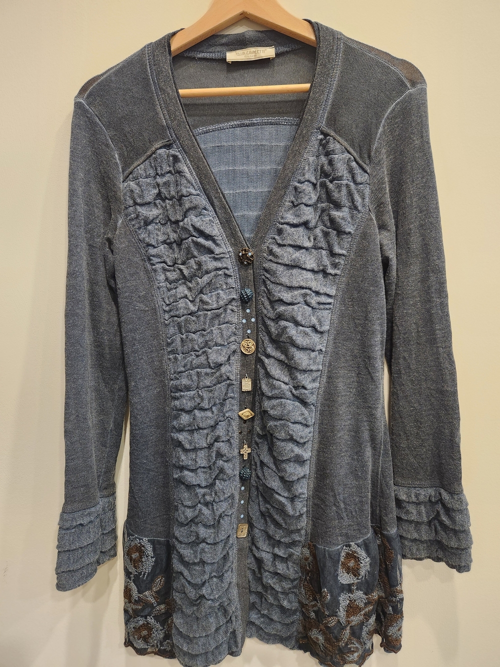 Elisa Cavaletti Slate Gray Ruffled Longline Cardigan